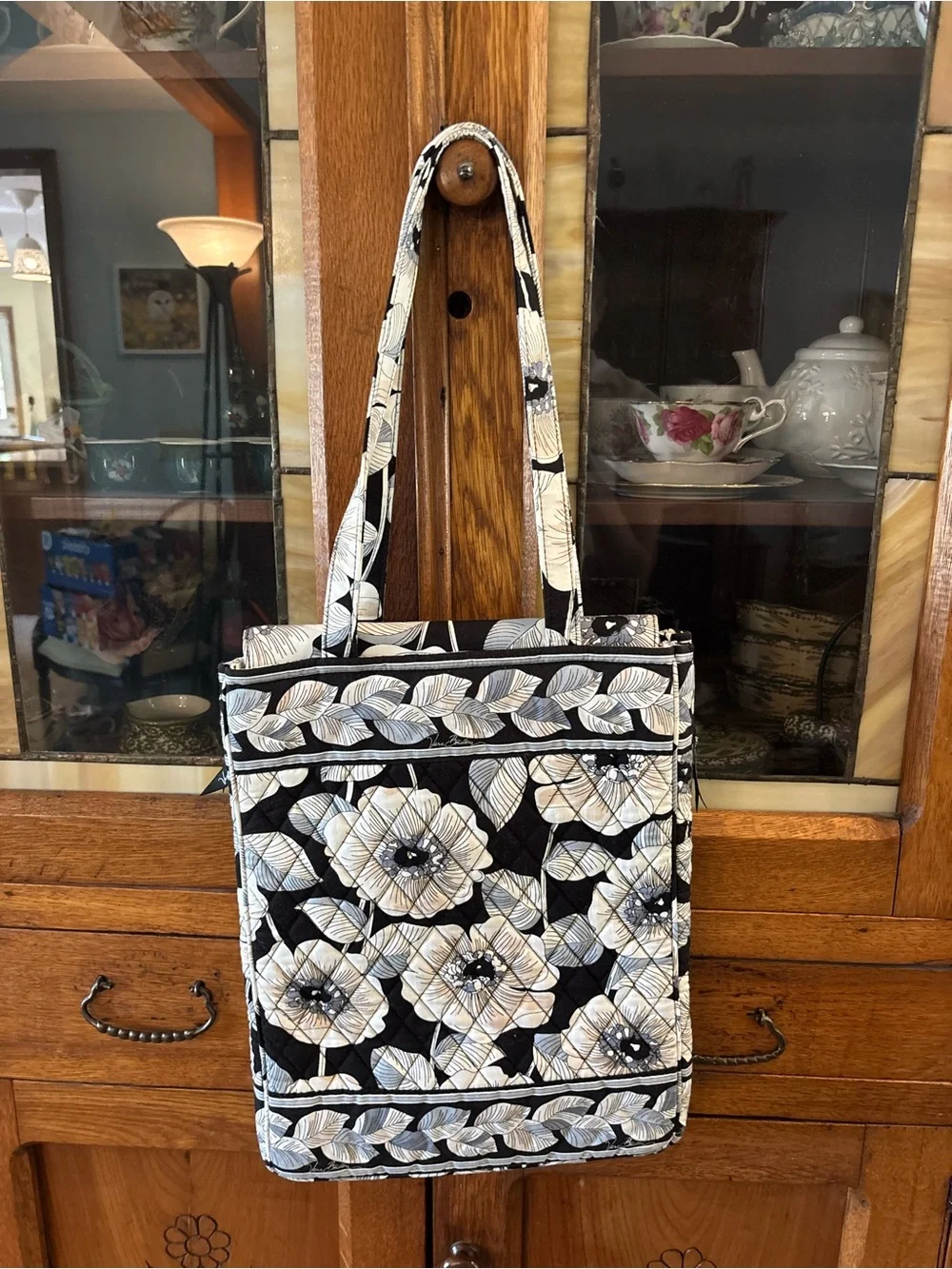 Quilted Floral Computer Tote Bag in Black and White